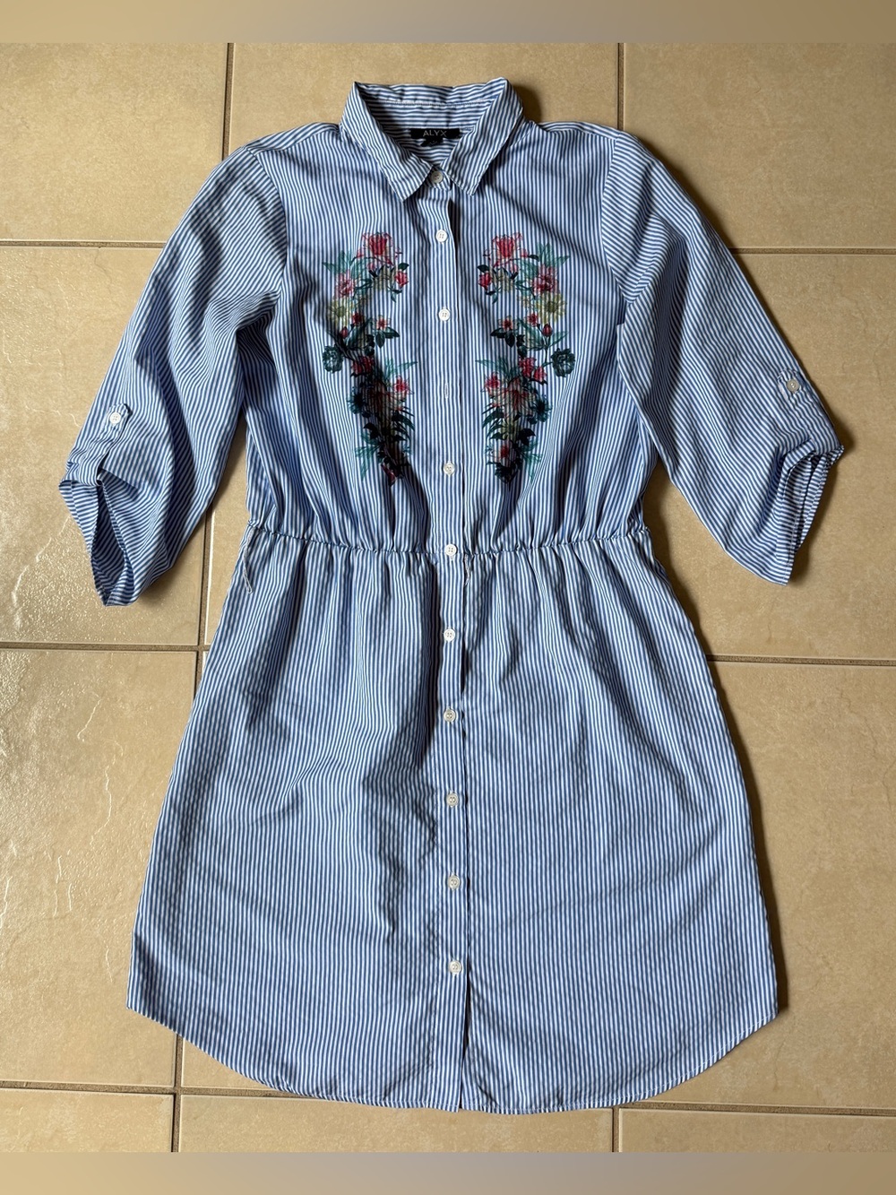 ALYX Blue White Stripe Shirt Dress Colorful Floral Embroidery Summer Casual Sz M